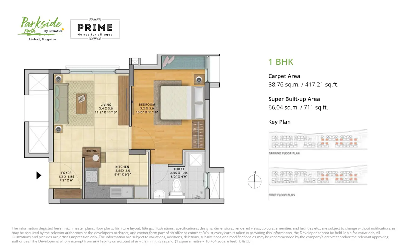 1 BHK Brigade Parkside North Floor Plan - 1