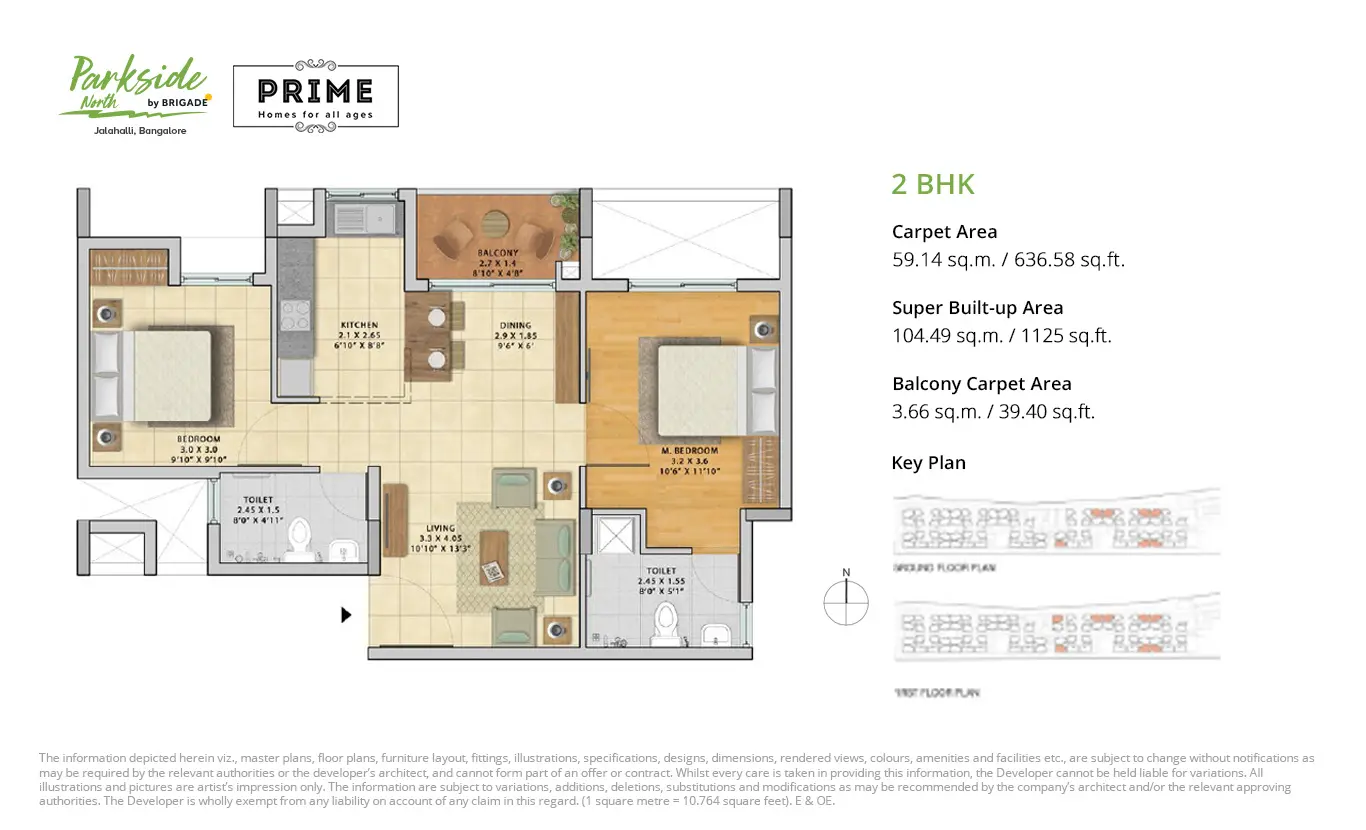 2 BHK Brigade Parkside North Floor Plan - 1