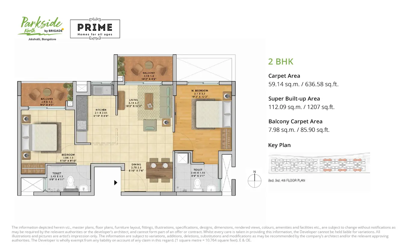 2 BHK Brigade Parkside North Floor Plan - 3